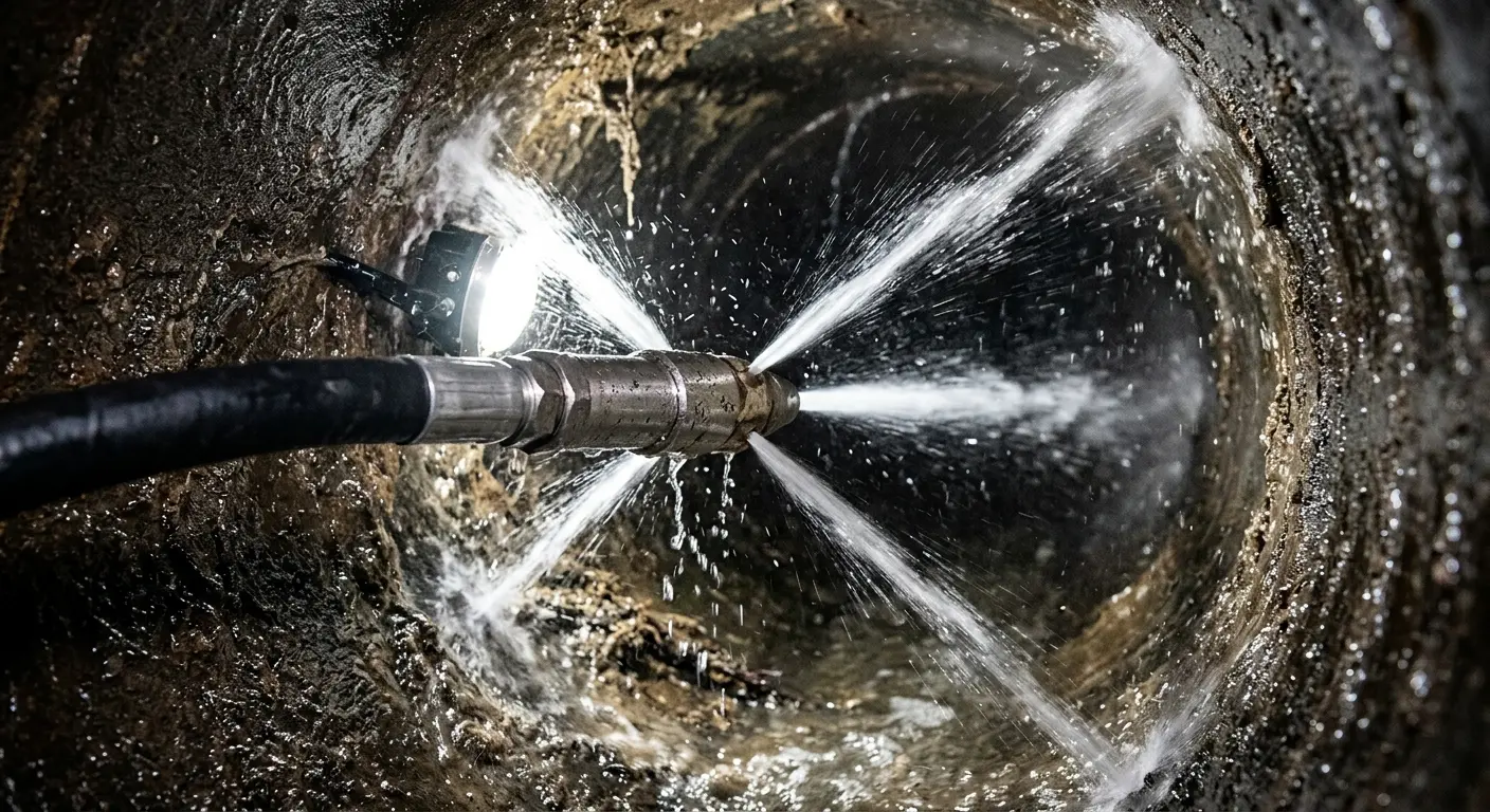 High-pressure hydro jetting nozzle cleaning sewer pipe for Trenchless Sewer Repair in Robbinsdale