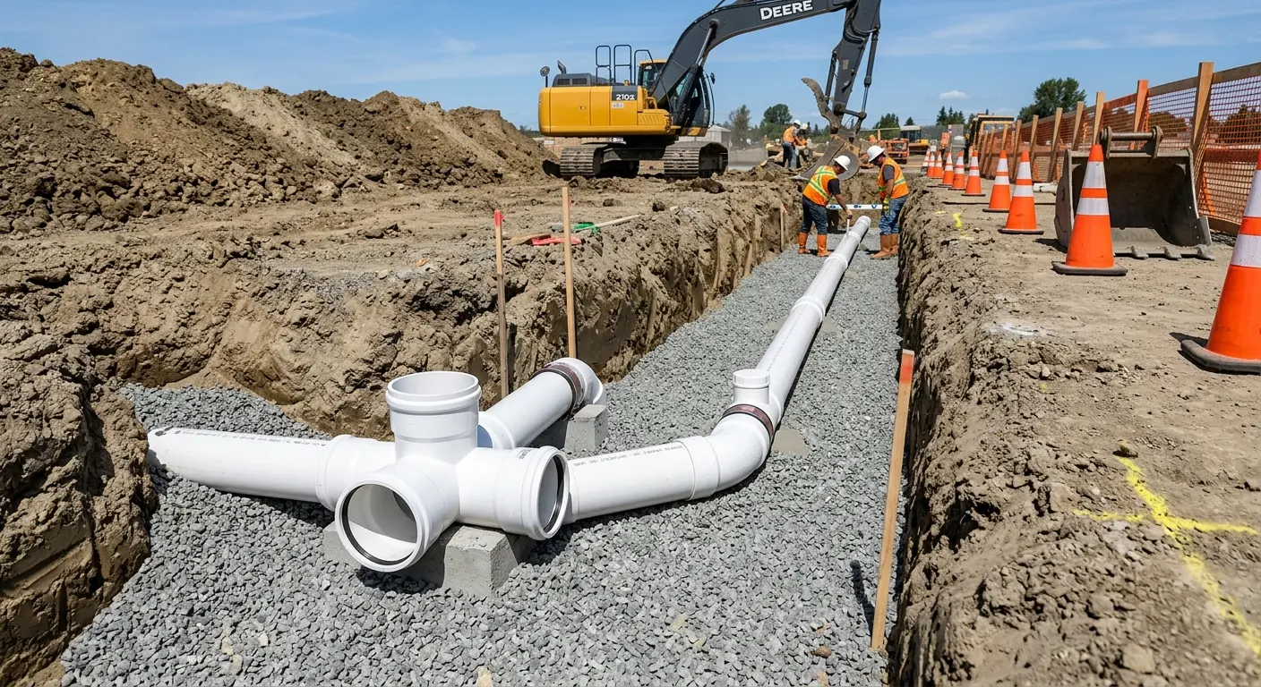New PVC sewer pipe installation in open trench for Grease Trap Cleaning in Robbinsdale