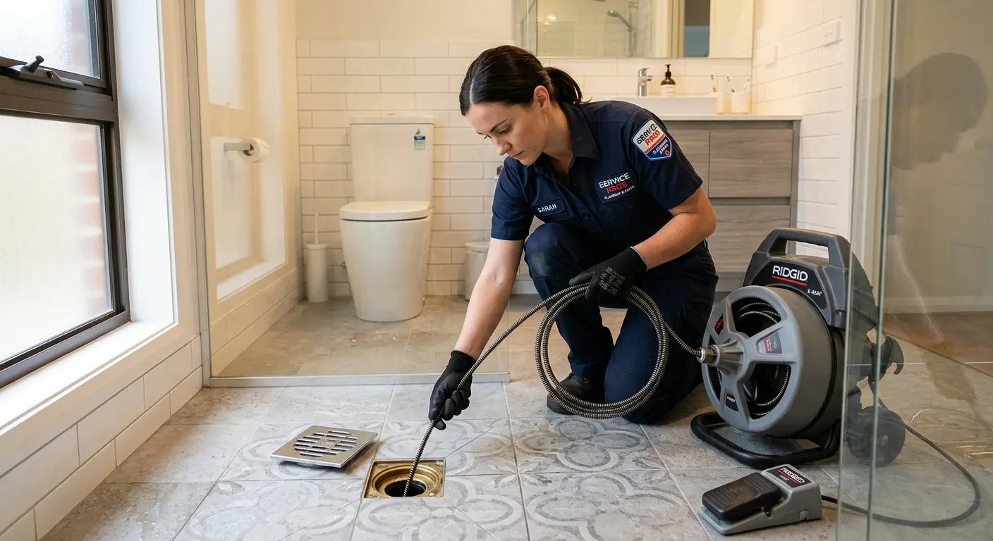 Technician clearing a bathroom floor drain for Hydro Jetting in Robbinsdale